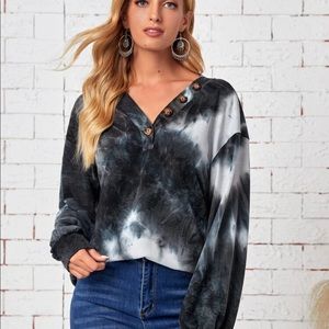 Womens Large V Neck Ombre Graphic Drop Shoulder Long Sleeve
